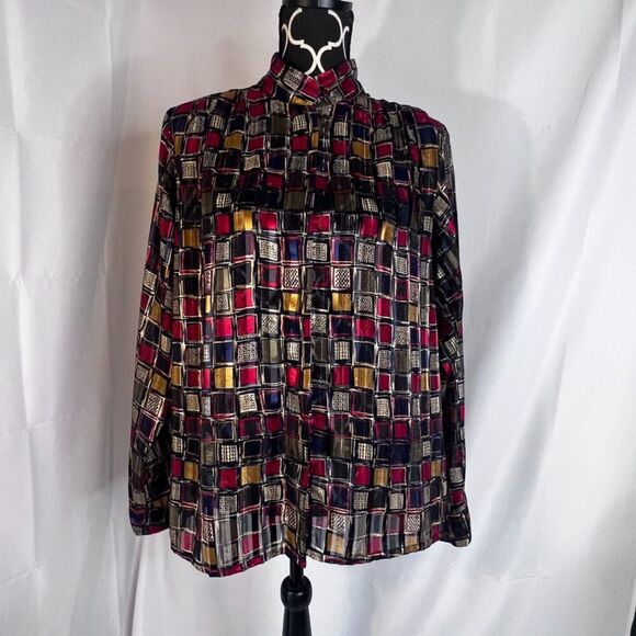 Yves St Clair Bold Maximal Square Print Mock Neck Long Sleeve Blouse Size 12 - Picture 8 of 8